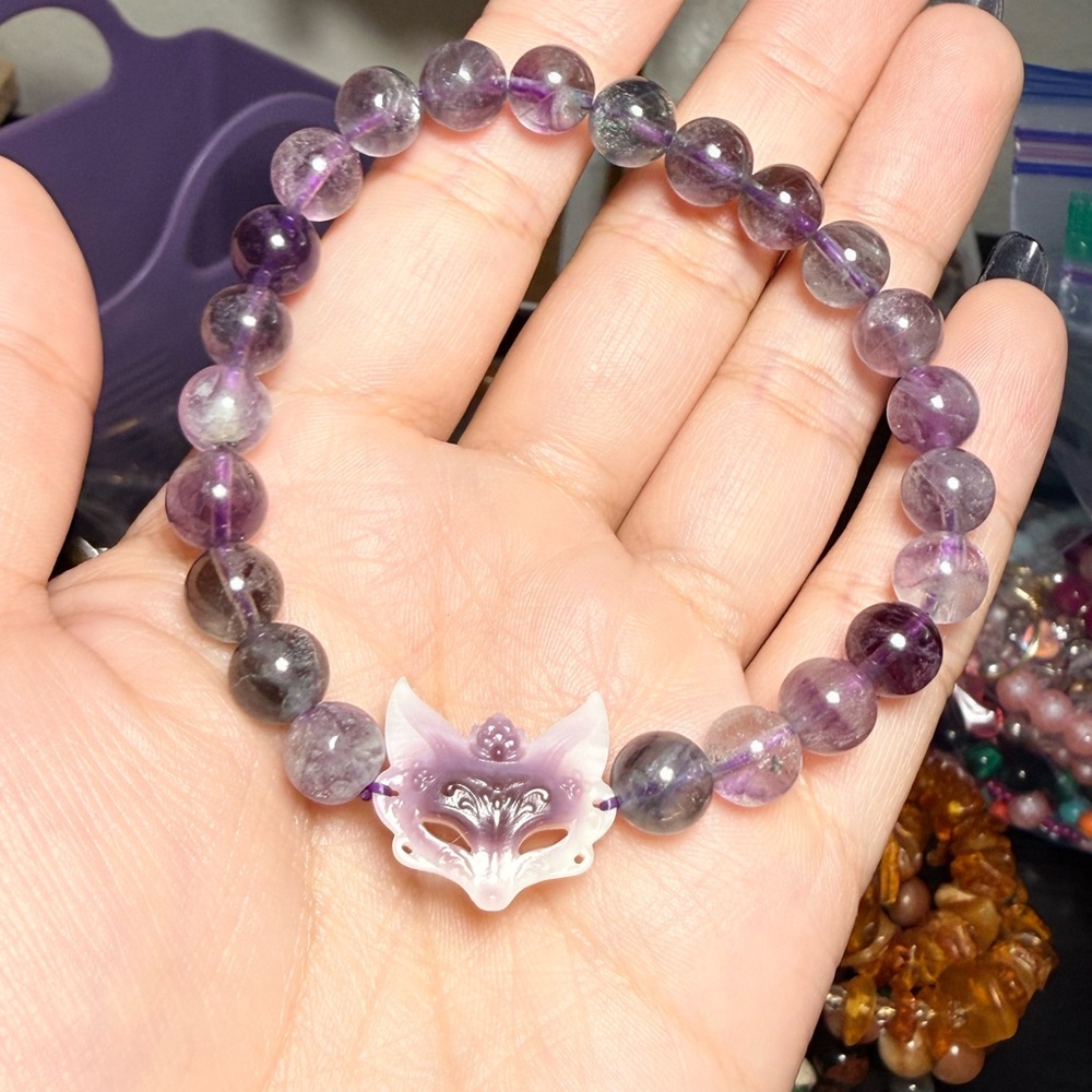 Fluorite Bracelet | 8mm Purple Blue Green Fluorite | Mother of Pearl Fox Charm - Picture 3 of 6